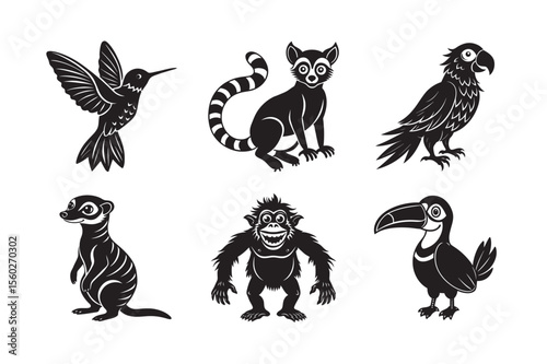 silhouette of black funny animal gibbon gorilla ,humming bird ,lemur ,meerkat, orangutan, set bundle on the white background  