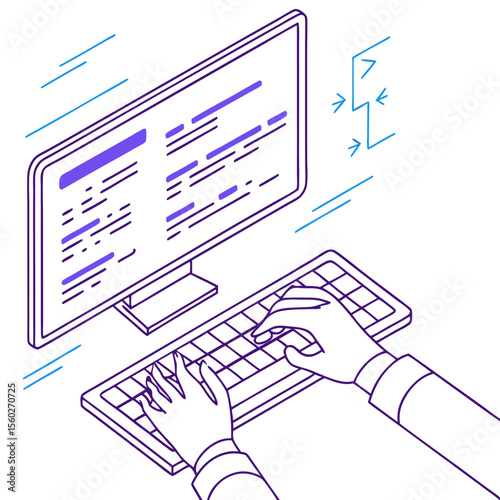 Person typing on a keyboard in front of a computer monitor displaying code snippets in purple and blue hues