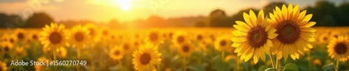 Golden sunflowers bask in summer sun, vibrant field , green, july