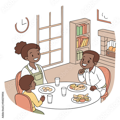 A family is sitting at a round table with food and drinks in a dining room with a window and bookshelf