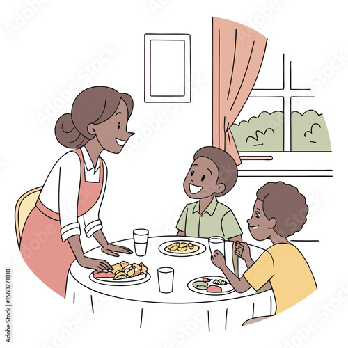 Illustration of a mother serving food to her two sons at a round table near a window with a curtain