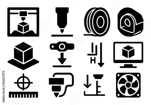 3d printing solid icon set. technology, manufacturing, machine, industry, symbols collection