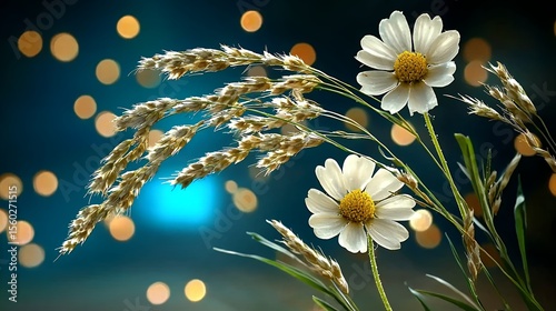 White Cosmos Flowers and Wheat Stalks with Bokeh Lights