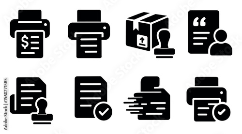 Printing, office solid icon set. documentation, stamp, packaging solid collection