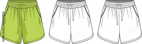 Women's Lime Green Drawstring Waistband Shorts Mockup: Flat Sketch with Color, White Fill, and Outline Views for Activewear Design and Casual Apparel.
