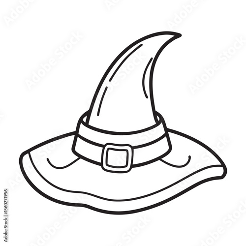 Classic black and white outline drawing of a witch s hat with a buckle.