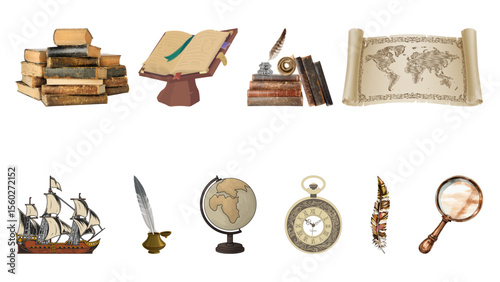 Vintage Explorer Desk Scene – Globe, Compass, Books & Map Illustration