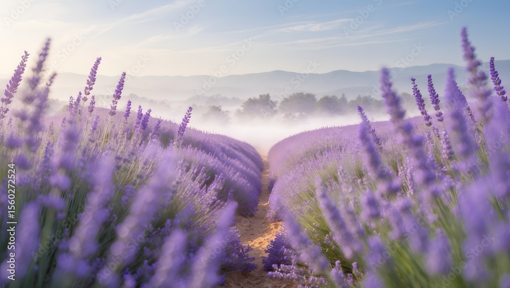 Obraz premium Lavender Field in Mist: A breathtaking panorama of a lavender field unfolds, rows of vibrant purple flowers leading the eye towards a misty horizon, bathed in the soft light of dawn.