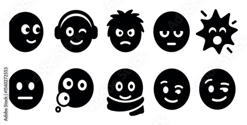 Emoticon solid icon set: expressive faces, mood, emoji, chat symbols collection