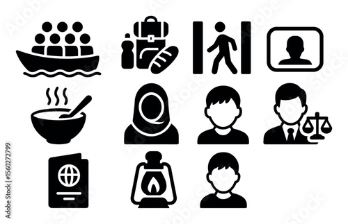 Immigration and cultural integration solid icon set. diverse, community symbols collection