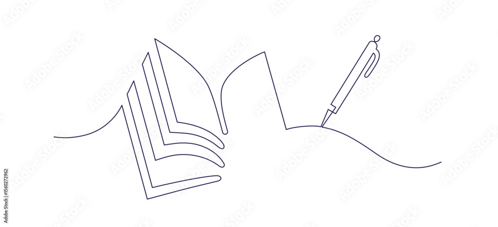 Fototapeta premium Open book and pen. Continuous one line Vector sign