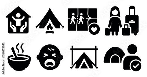 Family, camping filled icon set. travel, safety, hiking, camp icons filled collection