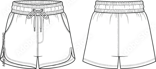 Women's Elastic Drawstring Waistband Shorts Flat Sketch: Front and Back Views, Ideal for Activewear Design, Casual Apparel Mockups, and Technical Illustrations.