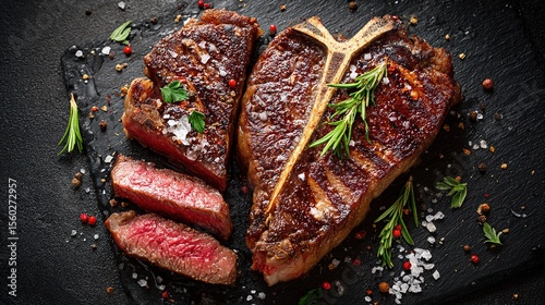 Dry Aged Barbecue Porterhouse Steak T-bone beef steak sliced with large fillet piece with herbs and salt