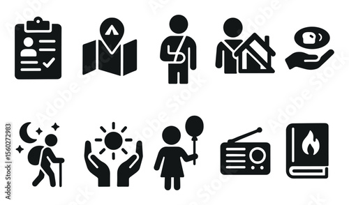 Outdoor and medical silhouette icon set. camping, hiking, care, healing symbols.