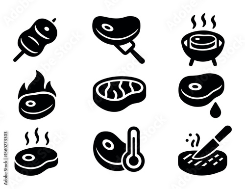 Meat and bbq solid icon set. grilled, steak, barbecue, solid style icons collection