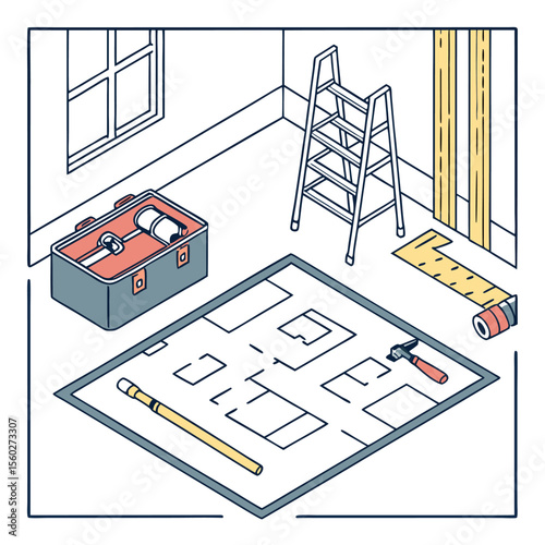 Isometric view of a room with blueprint, toolbox, ladder, and construction tools on the floor space