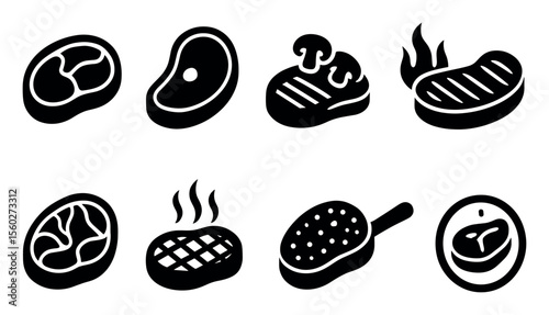 Meat, steak silhouette icon set. grilled, cooking icons in bold silhouette style