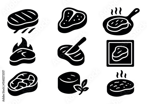 Steak and beef silhouette icon set. grilled, cooking, food art in silhouette style