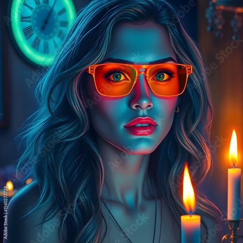 Neon Goddess: Bio-Luminescent Vaporwave Woman in Crimson/Amber Haze with Volumetric Light Trails - Cyberpunk Portrait for Merch & Posters