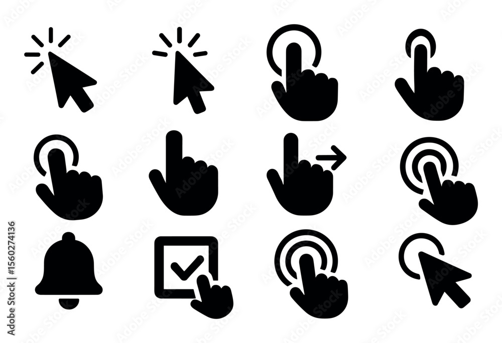 Fototapeta premium User interface solid icon set. click, tap, cursor, touch symbols in solid style