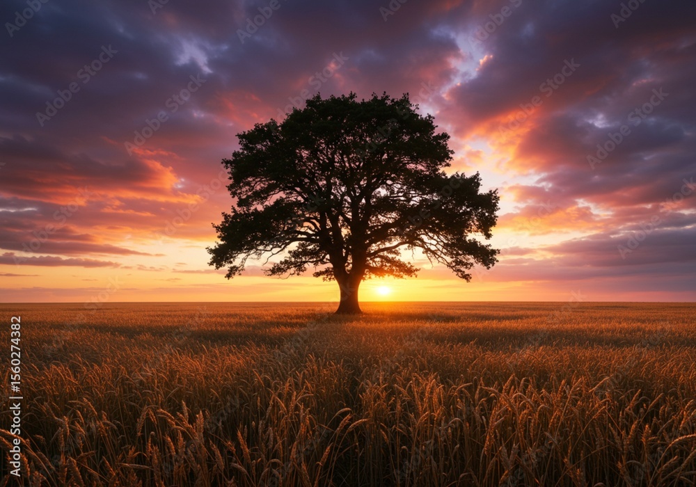 Fototapeta premium A solitary tree stands tall in an open field with a dramatic and colorful sunset sky in the background, creating a striking silhouette and peaceful landscape scene.