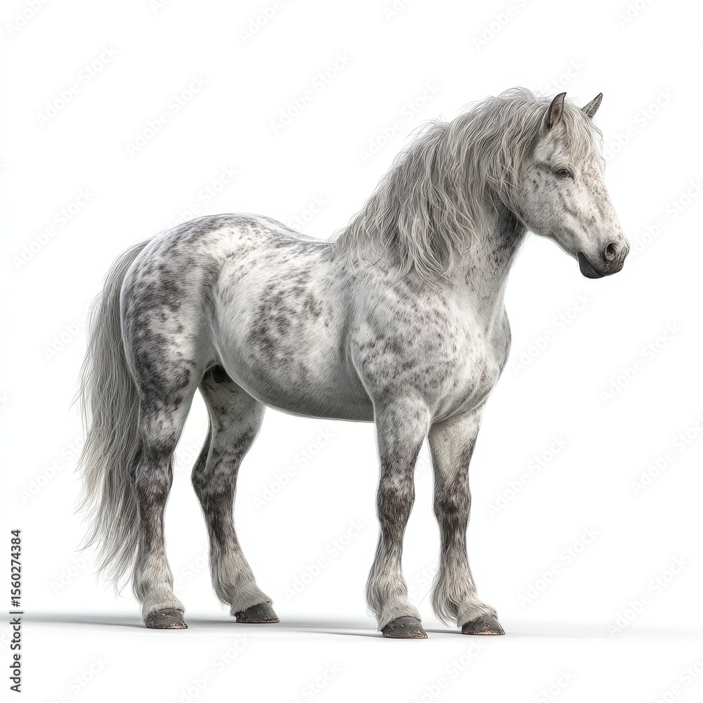 Fototapeta premium Majestic Grey Dapple Horse Standing Isolated on White Background A Stunning Image of a Powerful Draft Breed Horse