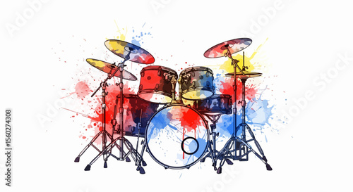 Drum Set Watercolor Illustration with Vibrant Splash