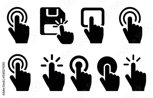 Hand gesture silhouette icon set. touch, tap, click icons in silhouette style