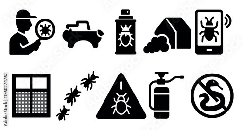 Pest control solid icon set. infestation, prevention, solution icons solid collection