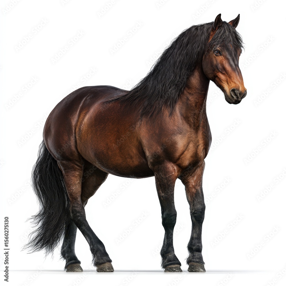 Obraz premium Majestic Brown Horse with Long Mane and Tail Standing on White Background Beautiful Equine