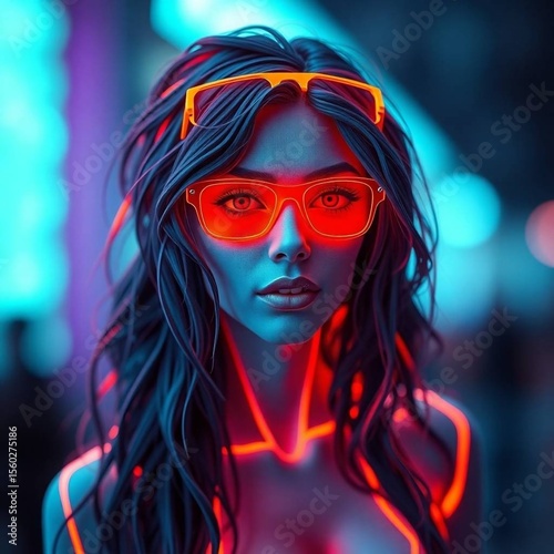 Neon Goddess: Bio-Luminescent Vaporwave Woman in Crimson/Amber Haze with Volumetric Light Trails - Cyberpunk Portrait for Merch & Posters
