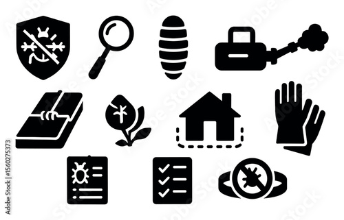 Pest control solid icon set. home protection, safety, and insect prevention icons