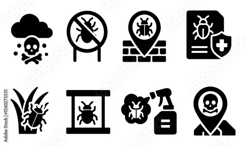 Pest control solid icon set. insect prevention and protection icons collection