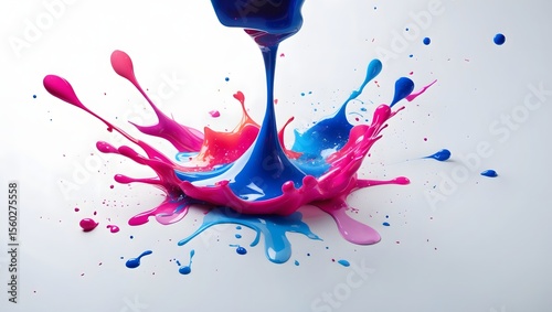 Artistic Color Splash: A captivating dance of vibrant colors unfolds as vivid pink and electric blue paints collide mid-air.