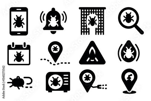 Bug, pest alert filled icon set. insect control, prevention icons collection