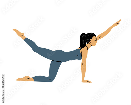 Young beautiful woman doing gymnastics. Girl doing fitness exercises. Stretching and pilates pose. Sport, body beauty and health. Vector illustration isolated on white background