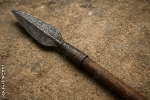 Ancient spearhead on textured surface.