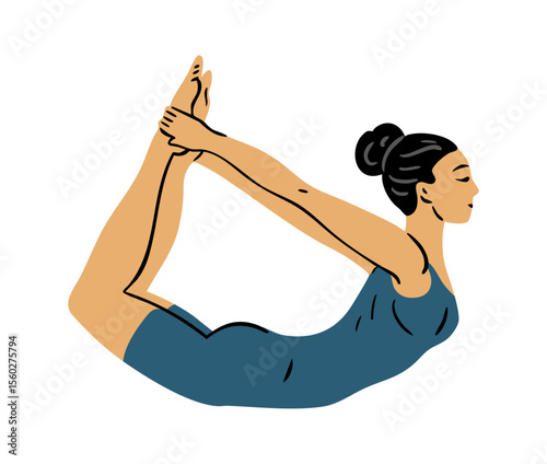 Young beautiful woman doing gymnastics. Girl doing fitness exercises. Stretching and pilates pose. Sport, body beauty and health. Vector illustration isolated on white background