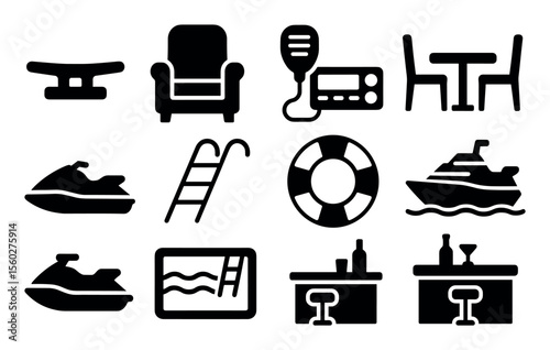 Marine, leisure solid icon set. yacht, jet ski, pool, and deck chair icons