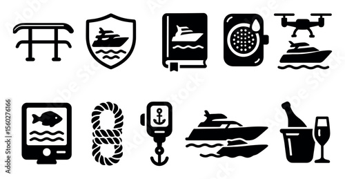 Boating and marine solid icon set. nautical, yacht, sea, watercraft icons collection