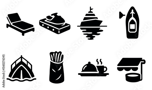 Travel and tourism filled icon set. adventure, vacation, boat, dining, relaxation icons