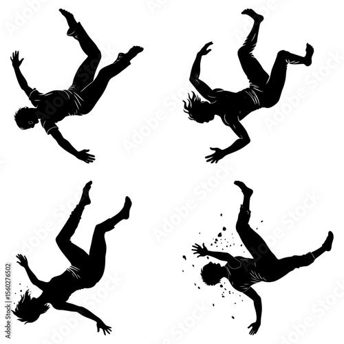 Silhouettes of people falling in various poses against a white background showing movement and action scene