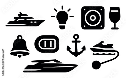 Nautical and travel filled icon set. cruise, yacht, maritime tools collection