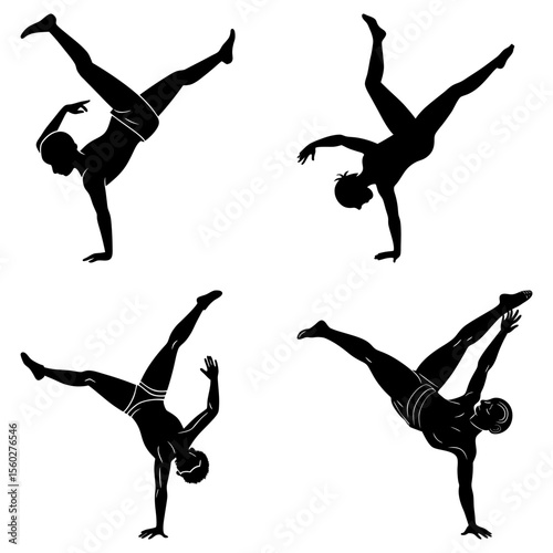 Silhouettes of four people performing handstands with legs extended in various directions and positions