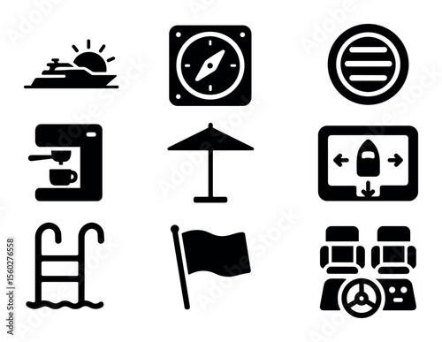 Travel and tourism silhouette icon set. vacation, beach, navigation silhouettes