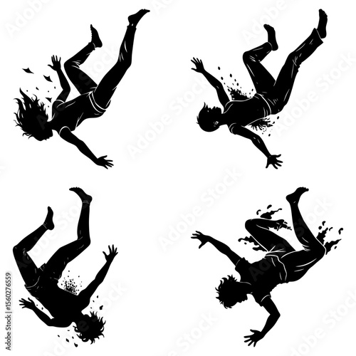 Silhouettes of people falling down in different poses with debris around them on a white background