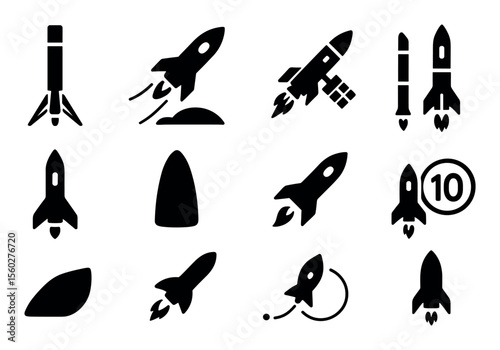 Space exploration silhouette icon set. rockets, satellites, planets graphics collection