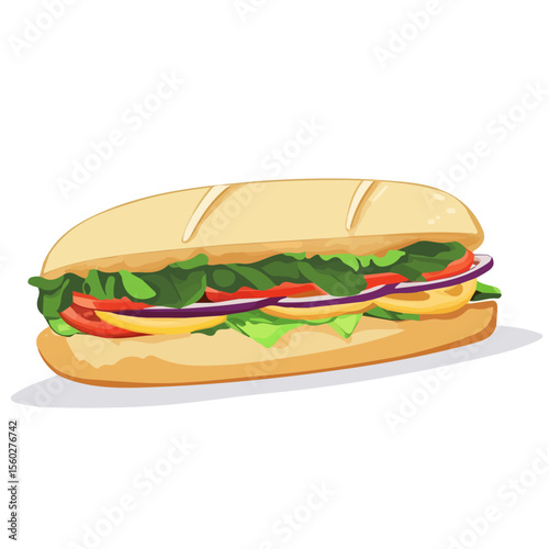 Flat 2D Banh Mi illustration, vector graphic in icon style, on white background