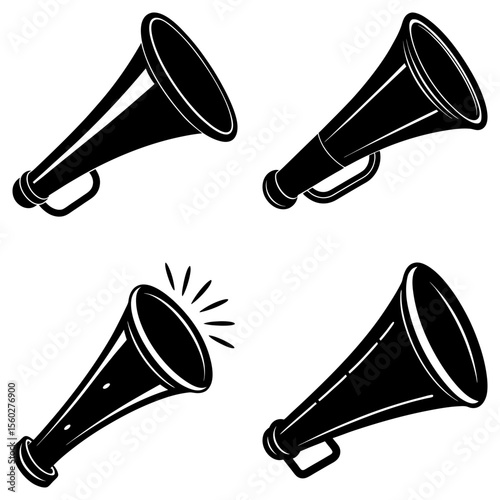 Four black and white illustrations of vintage megaphone speakers with handles on a white background image